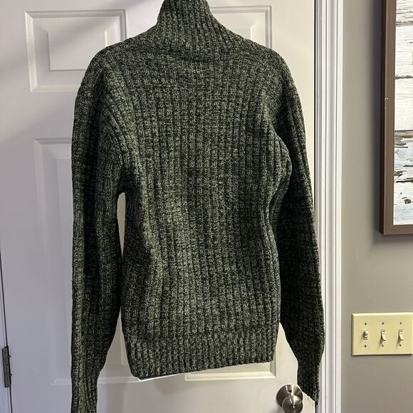 Lambs Wool Blend Heather Green Long Sleeve Cable Knit Cross Cowl Neck Sweater-PL - Picture 8 of 13